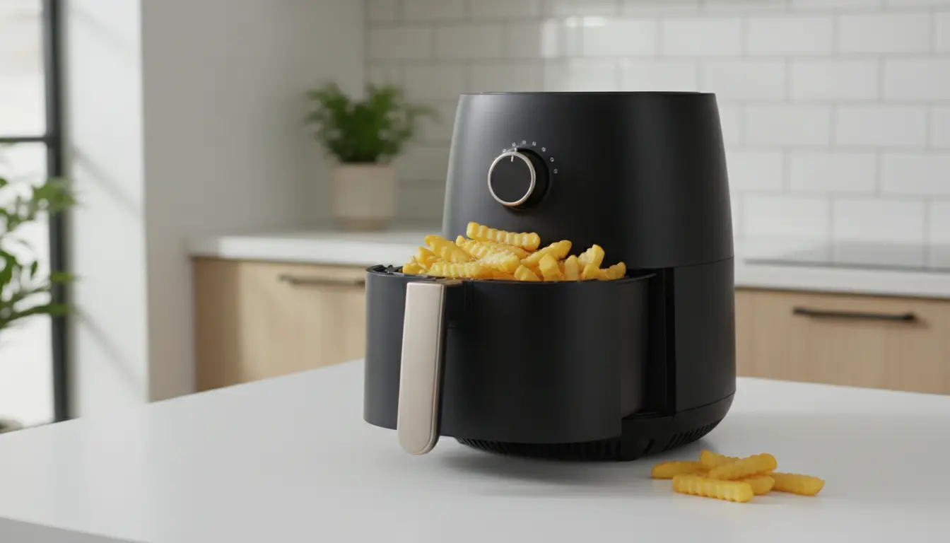 Modern air fryer with golden crispy fries on a kitchen counter