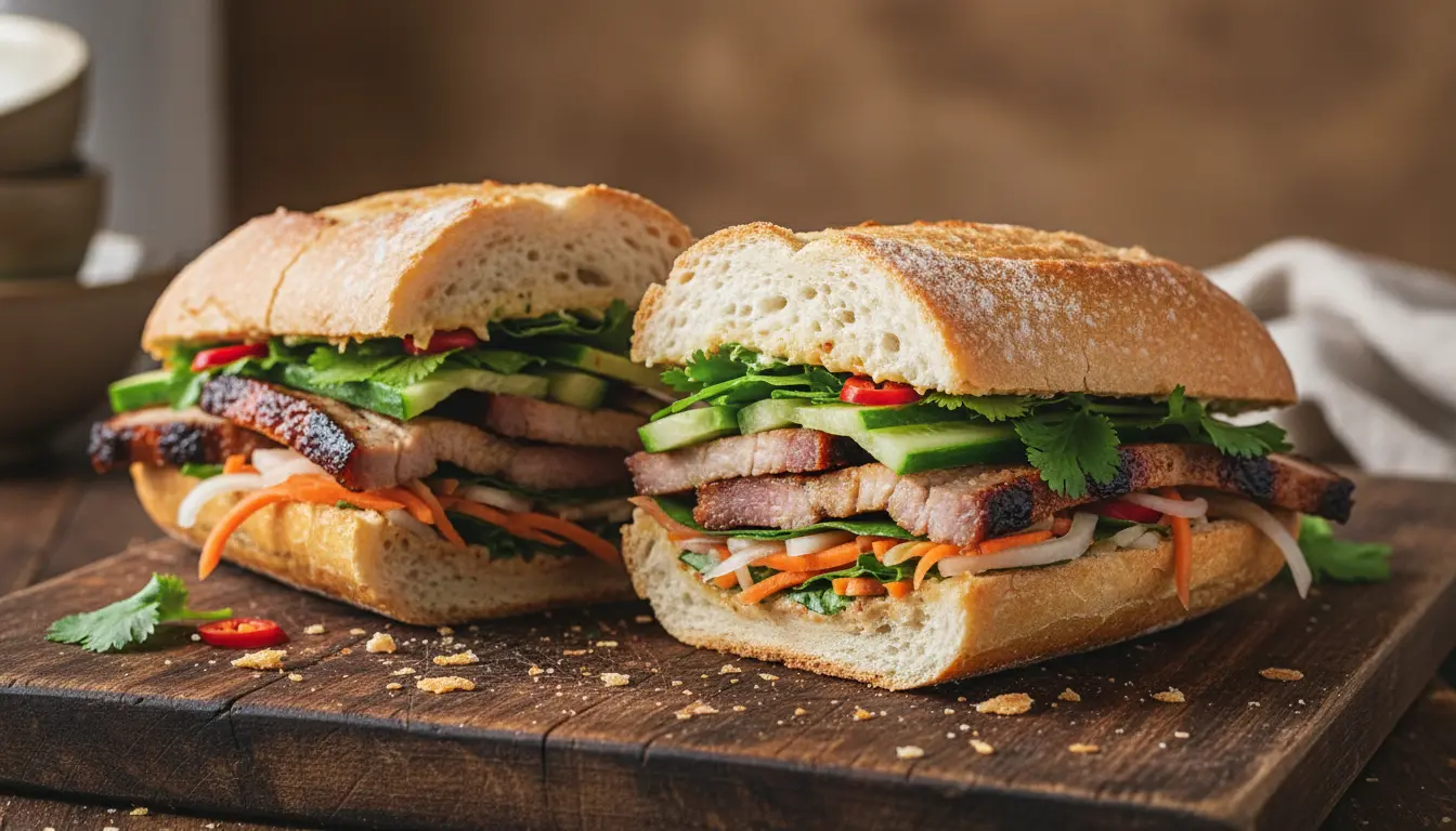 A delicious Vietnamese Banh Mi sandwich, revealing its flavorful fillings in a crispy baguette.