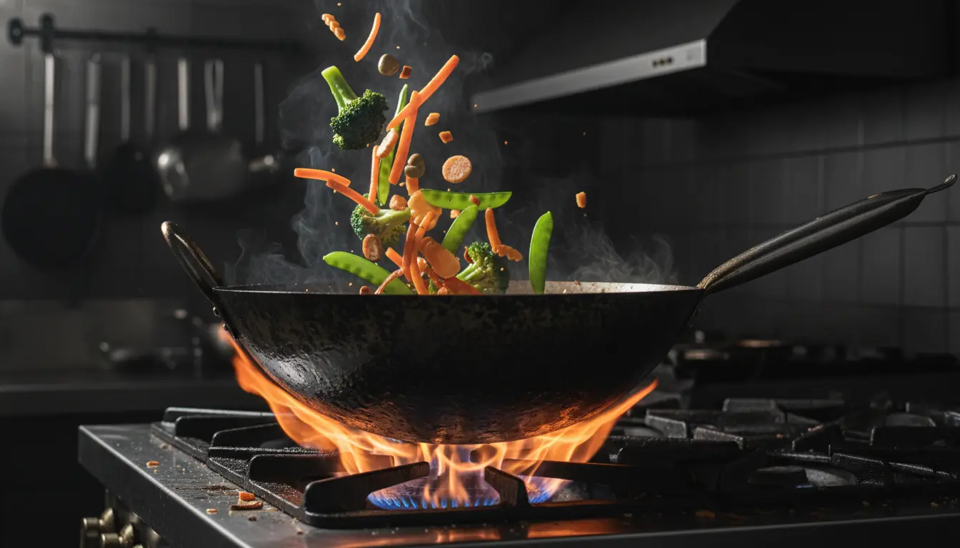 Three different woks side-by-side: carbon steel, cast iron, and non-stick, for comparison.