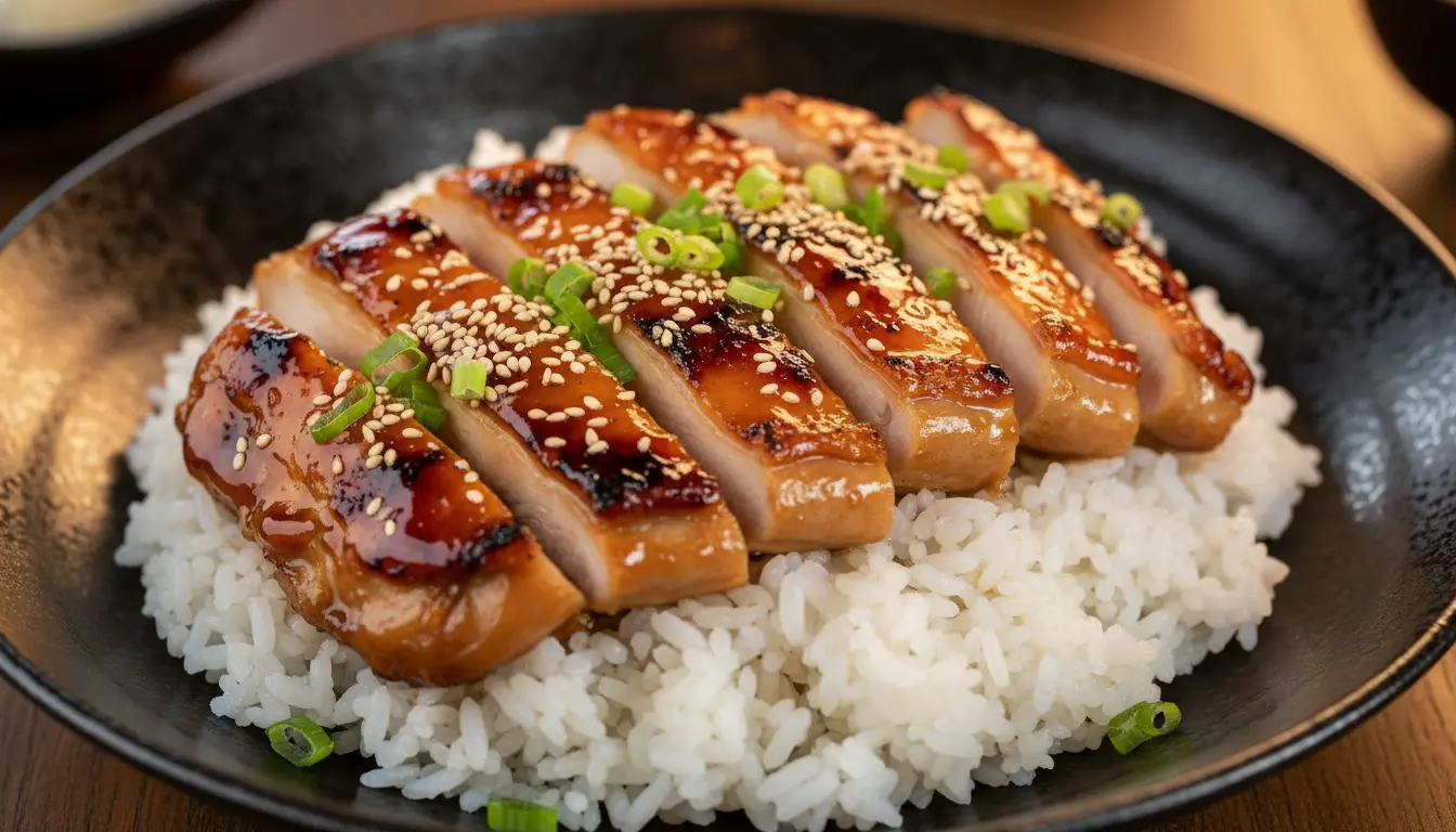 Succulent pieces of glazed Japanese chicken teriyaki, served with a side of rice.