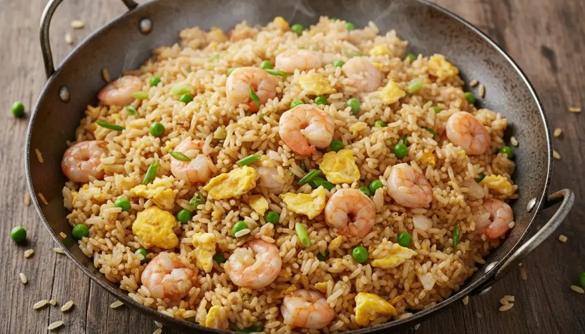 A generous serving of colorful Yangzhou Chinese Fried Rice, featuring shrimp and char siu.