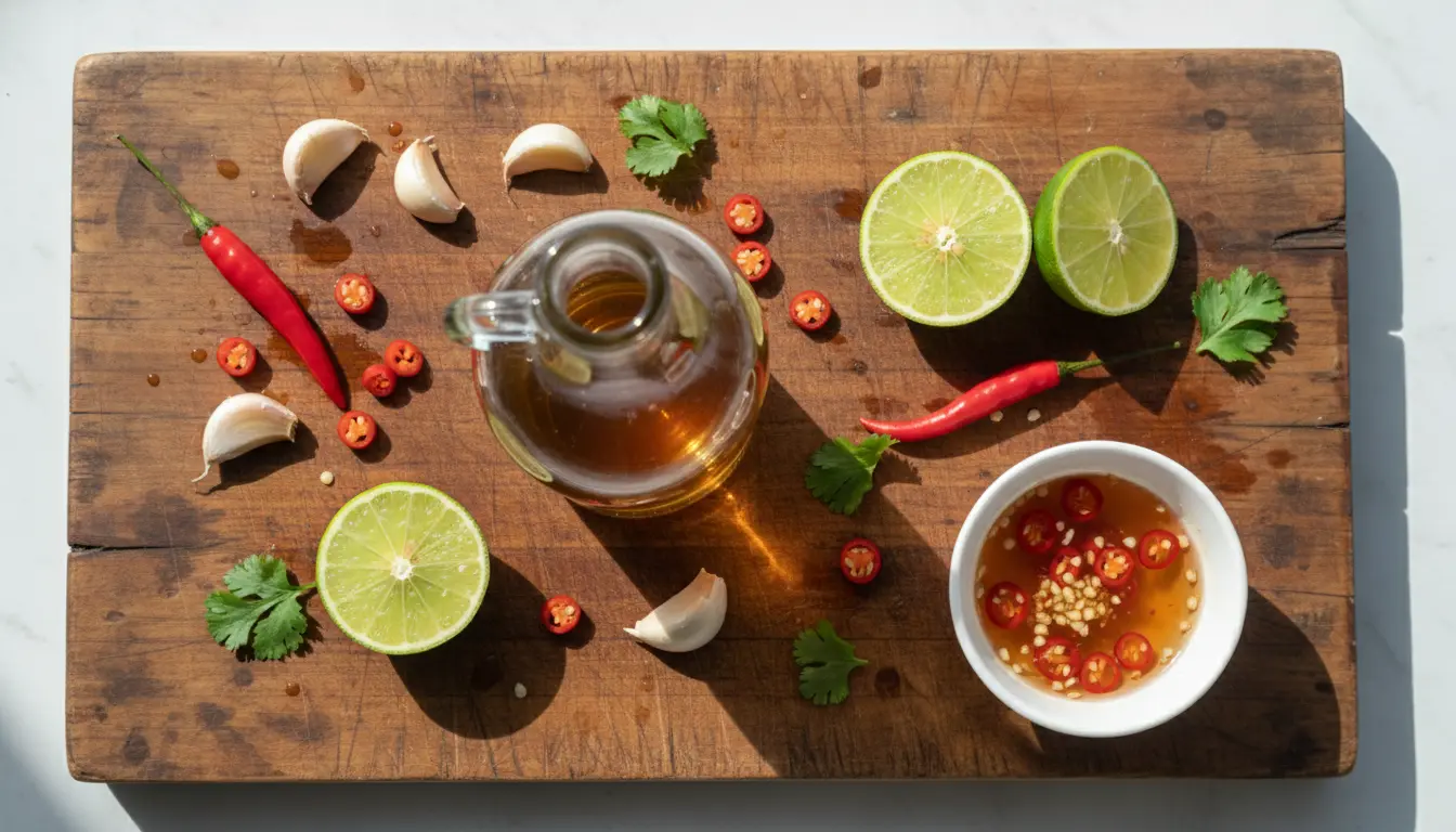 Bottle of Vietnamese fish sauce with garlic, chili and lime