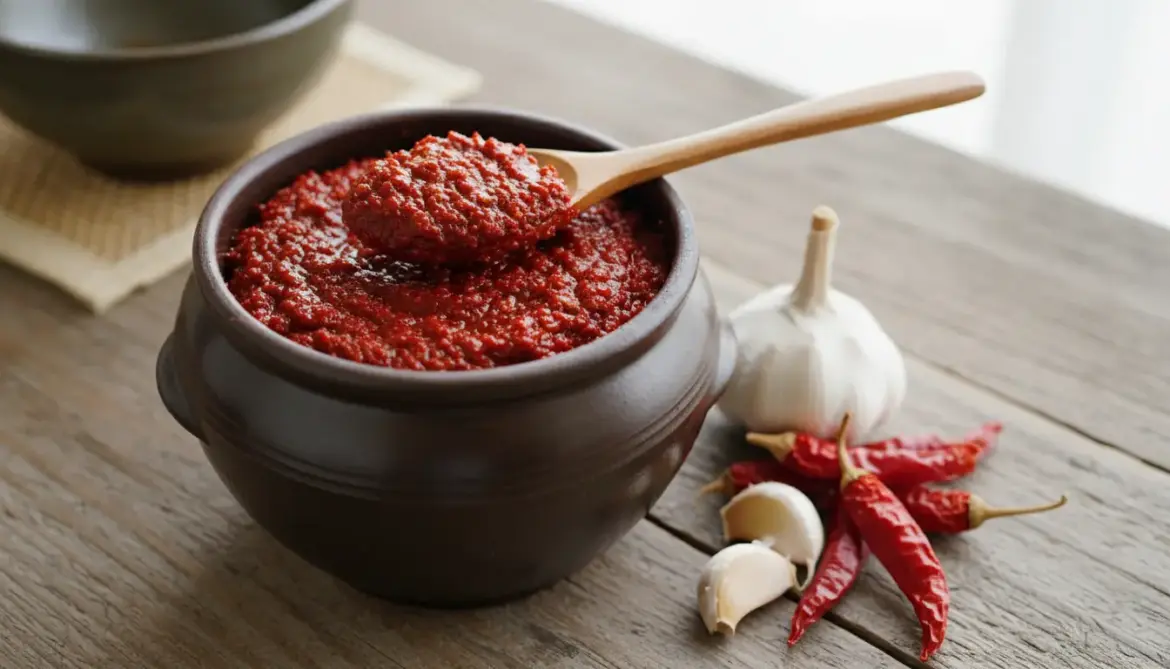 A vibrant red container of Korean gochujang paste, with a spoon scooping some out.