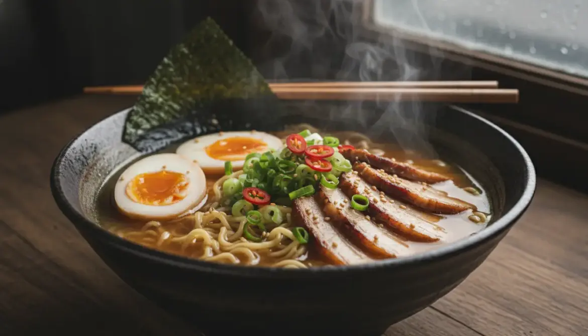 A steaming bowl of homemade Japanese Shoyu Ramen, topped with pork, egg, and nori.