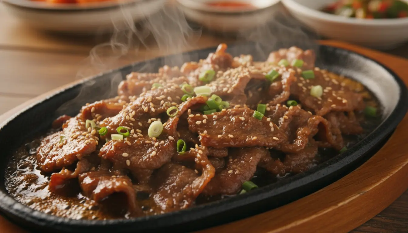 Thinly sliced, perfectly marinated Korean Beef Bulgogi, sizzling on a grill or pan.