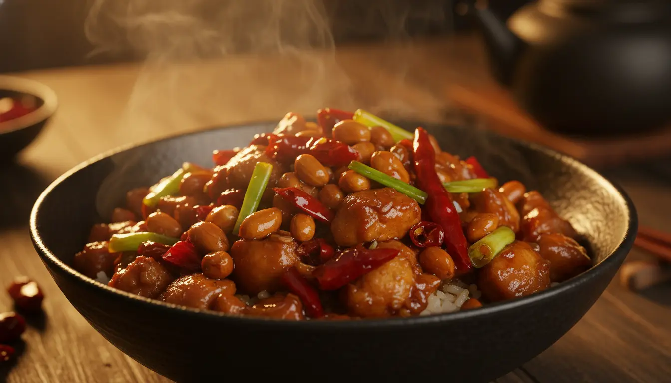 Spicy Sichuan Kung Pao chicken stir-fry, featuring peanuts, dried chilies, and green onions.