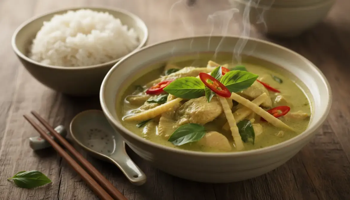A rich bowl of creamy Thai Green Curry with chicken and vegetables, served with rice.
