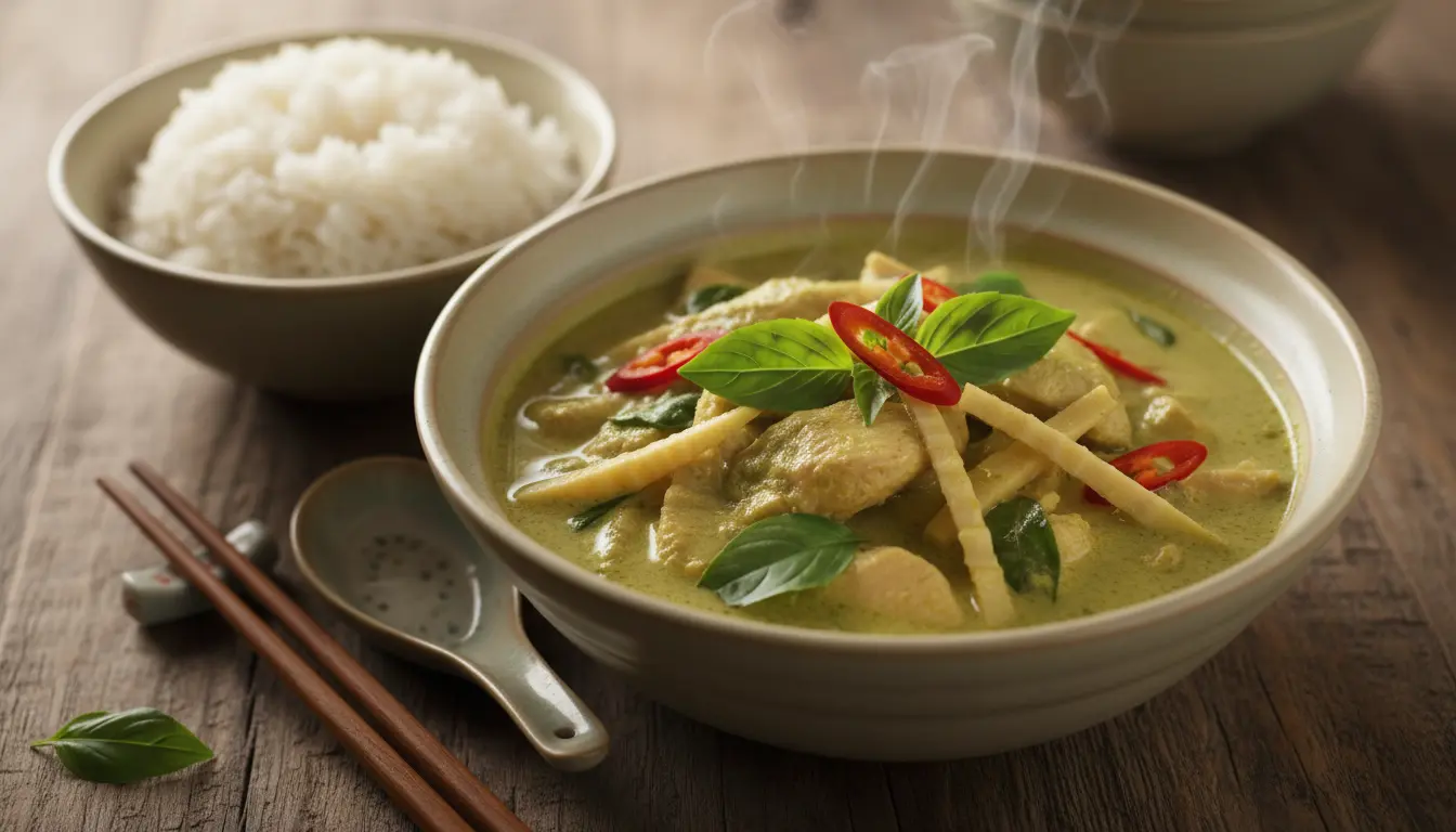 A rich bowl of creamy Thai Green Curry with chicken and vegetables, served with rice.