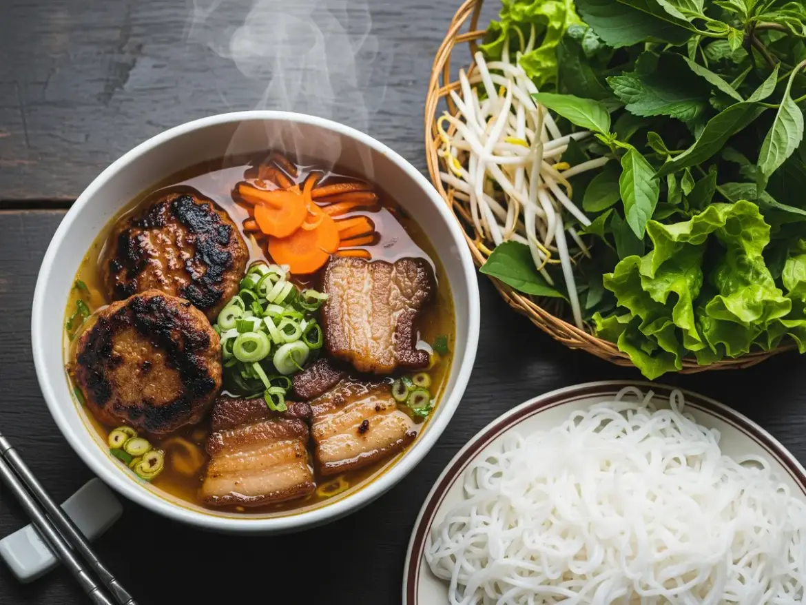 Vietnamese Hanoi bun cha grilled pork patties in fish-sauce broth with rice noodles and fresh herbs