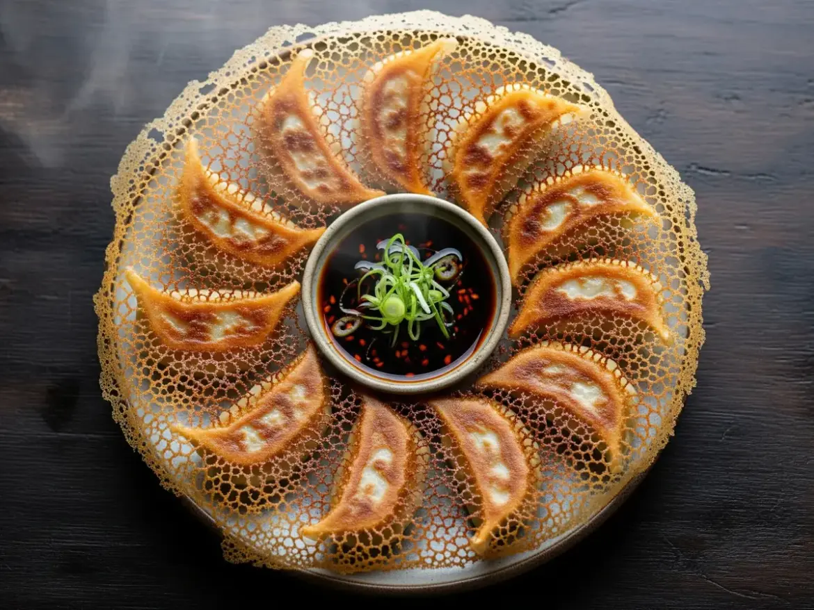 Japanese gyoza pan-fried dumplings with crispy golden bottoms and soy-vinegar dipping sauce