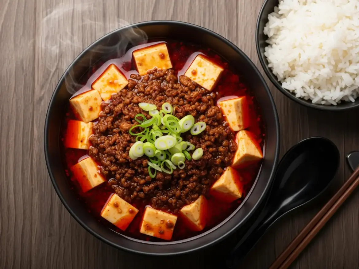 Sichuan mapo tofu soft tofu cubes in red chili oil sauce with minced pork and scallions over rice