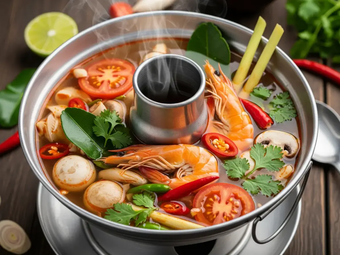 Thai tom yum goong hot and sour shrimp soup with prawns, mushrooms and herbs in a metal hot pot
