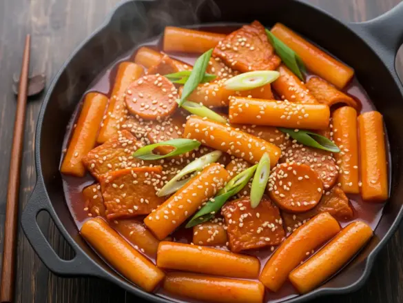 Korean tteokbokki spicy rice cakes in glossy red gochujang sauce with fish cakes and scallions